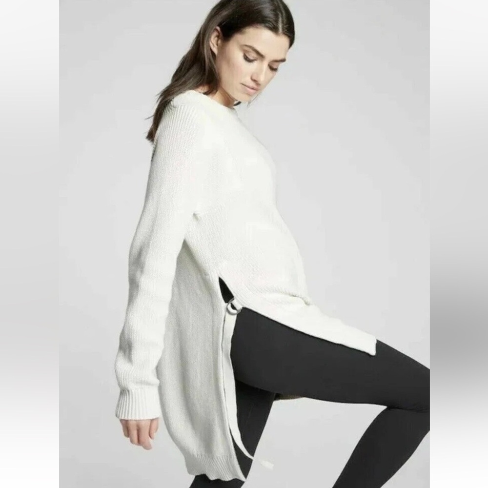 ATHLETA SOLID‎ WHITE CHUNKY KNIT WEST END TUNIC OVERSIZED SWEATER SIDE SLIT EUC
